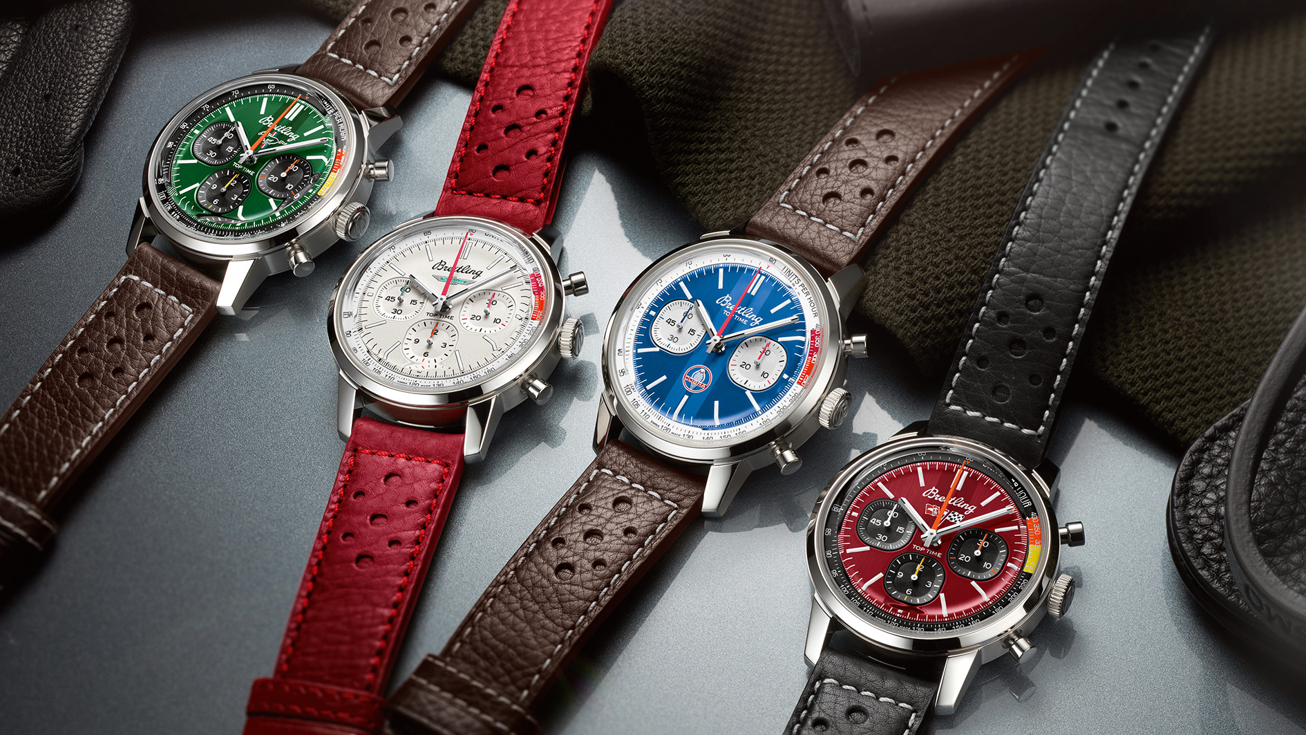 The new Breitling Top Time B01 Classic Cars Collection_RGB (from left to right: Top Time B01 Ford Mustang, Top Time B01 Ford Thunderbird, Top Time B01 Shelby Cobra, Top Time B01 Chevrolet Corvette)